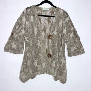Lulu-b Medium Star Big Button Open Knit Brown Neutral Cardigan Large